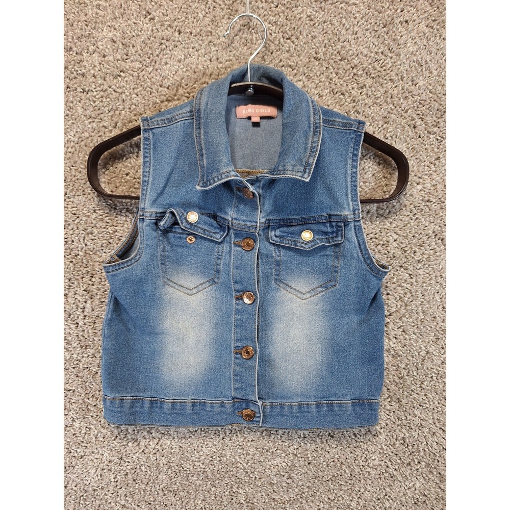 BCBG Girls Denim Vest Size 10 Blue Stretch Double Chest Pockets Button Front